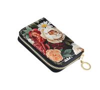 Zip Around Womens Wallet Credit Card Holder RFID Blocking Small Travel Cash Wallet with Coin Pocket Vivid Red Peony Daisy Flowers