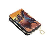 Zip Around Women's Wallet Credit Card Protector RFID Blocking Leather Zipper Change Purse with Key Ring Horses Galloping Dusk Vivid