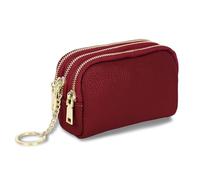 Zip Coin Wallet Genuine Leather Ladies Purse Portable Mini Wallet Three Zippers Small Wallet for Coin Cash with Many Compartments,Wine red