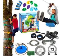 Zip Line Kit for Kids and Adults, 100/120/150/200 ft, Up to 350 Lbs, Rustproof Stainless Steel, Quick Setup with Ratchet, Safety Harness, Backyard Adventure Fun Includes Climbing Holds
