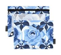 Zip Pencil Pouches with Clear Window Peony Glory Blue Pencil Bags Clear Window & Grommets inch Binders 3 Rings School Class Office Organizers Multicolored 2 PCS