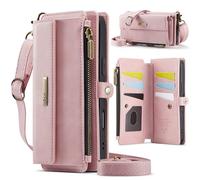 Zip Purse for Samsung Galaxy S21 Ultra Case with Crossbody Strap + Wrist Strap Shockproof Leather Flip Wallet Zipper Handbag 9 Card Slots Large Space RFID Blocking Bag for Galaxy S21 Ultra Pink