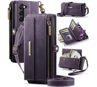 Zip Purse for Samsung Galaxy S23 Case with Crossbody Strap + Wrist Strap Shockproof Leather Flip Wallet Zipper Handbag 9 Card Slots Large Space RFID Blocking Bag for Samsung Galaxy S23 Purple