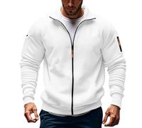 Zip Through Hoodie Mens Mens Fleece Jackets Full Zip Long Sleeve Solid Color Military Tactical Cargo Sweatshirts Stand Collar Stretchy Sportwears Windbeaker Coat with no Hood White