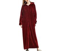Zip Up Bathrobes for Women - Hooded Fleece Robe Full Length Nightgown Zip Up Dressing Gown Housecoat Long Dressing Gown Nightwear Lightweight Dressing Gown Women Womens Bathrobe Long Wine