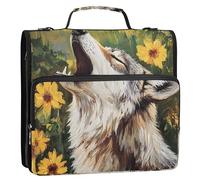 Zip up Binder Organizer Realistic Howling Wolf Sunflowers 1 1/2 Inch Binders 3 Ring Personalized School Binders Bag with Shoulder Strap Storage Portfolio Folder with Handle