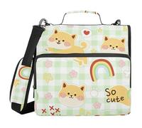 Zip Up Binder with Shoulder Strap & Handle Laege Capacity 1.5 Inch 3 Ringing Pencil Bags Portfolio Binder Stationery Supply Cute Shiba Inu on Green Gingham