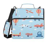 Zip Up Binder with Shoulder Strap & Handle Waterproof 1.5 Inch 3 Ringing Pencil Case Portfolio Binder Stationery Supply Playful Cartoon Vehicles and Hot Air Balloons