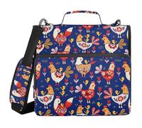 Zip Up Binder with Shoulder Strap Multiple Pockets 1.5 Inch 3 Ringing Pencil Bags Portfolio Binder Documents Files Organizer Folk Style Chicken Blue Background