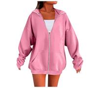 Zip Up Hoodie Women, Hoodies for Women UK, Ladies Full Zip Jackets Oversized Long Sleeve Sweatshirts Top Zipper Hooded Sweatshirt Lightweight Coats with Pockets (Pink, XXL)