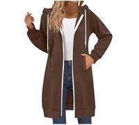 Zip Up Hoodie Women Oversized Double Zippered Longline Hoodie Solid Color Hooded Sweatshirts Fleece Jackets Long Sleeve Tops Casual Loose Fit Hoody Plain Sweater Winter Long Coats with Pockets Coffee