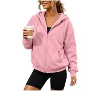 Zip Up Hoodies for Women UK Oversized Hooded Sweatshirt Ladies Full Zip Drawstring Hoodie Jacket with Pockets Drop Shoulder Long Sleeve Jackets with Ribbed Cuff Casual Everyday 2026 Fashion Outerwear