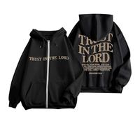 Zip Up Trust In The Lord Oversized Hoodies for Women Comfort Drawstring Fleece Lined with Hood Jackets Y2K Jesus Graphic Christian Clothes Essential Hooded Trendy Vintage Cute Black