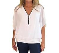 Zip V Neck T Shirts for Women Bat Wing Short Sleeve Solid Color Shirt Elegant Tunics Trendy Basic Tees Casual Summer (White, XL)