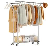 ZIPEEU Heavy Duty Double Clothes Rail with Storage Basket & Hooks, Electroplated Silver Adjustable Hanging Rails for Clothes Rack, 360°Silent Wheels For Bedroom, Shop, Laundry Room (38.58-65.75")