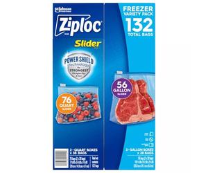 Ziploc Slider Freezer Bags Variety Pack, 132 Count, Power Shield Technology, 76 Quart and 56 Gallon Bags