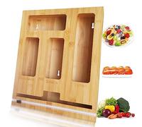 Ziplock Bag Storage Organizer with Cling Film Dispenser and Cutter Food Baggie Dispenser Foil Wax Paper Dispenser 5 in 1 Wall-Mount Kitchen Drawer Bamboo Holder for Gallon Snack Sandwich Quart Bags