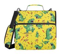 Zipper Binder Organizer with Shoulder Strap & Handle Multi-Pocket 1.5 Inch 3 Ringing Pencil Bags Portfolio Binder Office Supplies Angry Dino Monsters Yellow