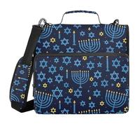 Zipper Binder Organizer with Shoulder Strap & Handle Multiple Pockets 1.5 Inch 3 Ringing Pencil Bags Portfolio Binder Office Document Organizer Elegant Hanukkah Stars Navy