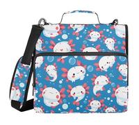 Zipper Binder Organizer with Shoulder Strap & Handle Waterproof 1.5 Inch 3 Ringing Pencil Case Portfolio Binder Home Travel Cards Storage Container Cartoon Kawaii-Style Axolotl Blue