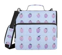 Zipper Binder with Shoulder Strap & Handle Multiple Pockets 1.5 Inch 3 Ringing Storage Bag Portfolio Binder Office Supplies Purple Strawberry Gingham Pattern