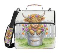 Zipper Binder with Shoulder Strap & Handle Waterproof 1.5 Inch 3 Ringing Pencil Cases Portfolio Binder Storage Container Watercolor Highland Cow Spring Flowers