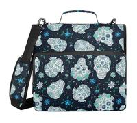 Zipper Binder with Shoulder Strap Multi-Pocket 1.5 Inch 3 Ringing Pencil Bags Portfolio Binder Documents Files Organizer Blue and White Sugar Skull Floral Accents