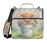 Zipper Binder with Shoulder Strap Multi-Pocket 1.5 Inch 3 Ringing Pencil Case Portfolio Binder Storage Container Highland Cow Flower Spring Green