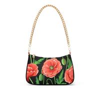 Zipper Colorful Shoulder Bag Red Poppy Flowers Green Black Clutch Handbags Trendy Womens Crossbody Purse with Chain Strap