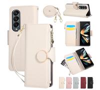 Zipper Cover for Samsung Galaxy Z Fold 3 Case with Crossbody Strap + Wrist Strap Shockproof Litchi Pattern Soft Leather Flip Magnetic Buckle Wallet Handbag Zip Purse for Galaxy Z Fold 3 Beige