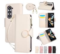 Zipper Cover for Samsung Galaxy Z Fold 5 Case with Crossbody Strap + Wrist Strap Shockproof Litchi Pattern Soft Leather Flip Magnetic Buckle Wallet Handbag Zip Purse for Galaxy Z Fold 5 Beige
