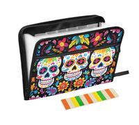 Zipper Expanding File Organiser with 13 Pockets,Cute Sugar Skull with Flowers Accordion Document Folder with Labels, Water-Resistant, 36 X 2 X 27 CM