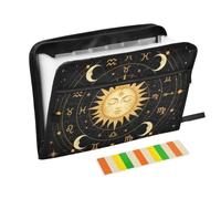 Zipper Expanding File Organiser with 13 Pockets,Horoscope Circle with Zodiac Signs Sun Moon and Stars Accordion Document Folder with Labels, Water-Resistant, 36 X 2 X 27 CM