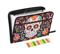 Zipper Expanding File Organiser with 13 Pockets,Sugar Skulls and Colorful Flowers Accordion Document Folder with Labels, Water-Resistant, 36 X 2 X 27 CM