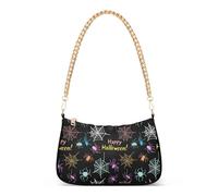 Zipper Floral Shoulder Purses Halloween Colorful Spiders Bats Black Tote Handbag Artistic Womens Hobo Clutch Purse with Chain Strap