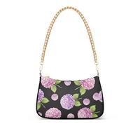 Zipper Hobo Clutch Purse Pink Purple Hydrangea Flowers Black Tote Handbag Women Lady One Shoulder Bag with Chain Strap