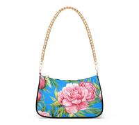 Zipper Hobo Clutch Purse Watercolor Pink Peonies Floral Blue Designer Handbags Women Prints Shoulder Purses with Chain Strap