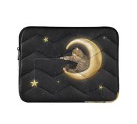 Zipper Laptop Messenger Bag, Case Sleeve Suitable for 13 in to 14 in Notebook Bag, Shoulder Strap Tablet Briefcase Print Cat Sits on God Crescent Moon Stars On Black