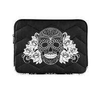 Zipper Laptop Messenger Bag, Case Sleeve Suitable for 13 in to 14 in Notebook Bag, Shoulder Strap Tablet Briefcase Print Sugar Skull Day of The Dead Black White On Black