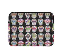 Zipper Laptop Messenger Bag, Case Sleeve Suitable for 13 in to 14 in Notebook Bag, Shoulder Strap Tablet Briefcase Print Day of The Dead Sugar Skulls Colorful Seamless On Black