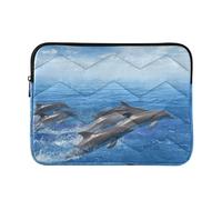 Zipper Laptop Messenger Bag, Case Sleeve Suitable for 13 in to 14 in Notebook Bag, Shoulder Strap Tablet Briefcase Print Marine Dolphins Jumping Out of Blue Sea Water Sky