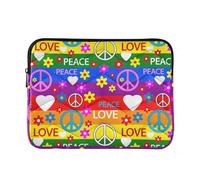 Zipper Laptop Messenger Bag, Case Sleeve Suitable for 13 in to 14 in Notebook Bag, Shoulder Strap Tablet Briefcase Print Hippie Peace Signs Flowers Red Hearts Rainbow Color