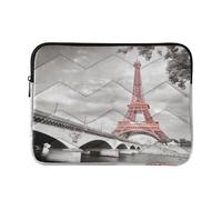 Zipper Laptop Messenger Bag, Case Sleeve Suitable for 13 in to 14 in Notebook Bag, Shoulder Strap Tablet Briefcase Print Pink Eiffel Tower Bridge in Retro Grey Style