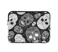 Zipper Laptop Messenger Bag, Case Sleeve Suitable for 13 in to 14 in Notebook Bag, Shoulder Strap Tablet Briefcase Print Black White Sugar Skulls Day of The Dead Seamless