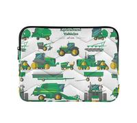 Zipper Laptop Messenger Bag, Case Sleeve Suitable for 13 in to 14 in Notebook Bag, Shoulder Strap Tablet Briefcase Print Green Agricultural Vehicles Trucks On White