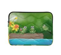 Zipper Laptop Messenger Bag, Case Sleeve Suitable for 13 in to 14 in Notebook Bag, Shoulder Strap Tablet Briefcase Print Three Green Frogs on The Log Yellow Flowers Green
