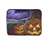 Zipper Laptop Messenger Bag, Case Sleeve Suitable for 13 in to 14 in Notebook Bag, Shoulder Strap Tablet Briefcase Print Hallowen Pumkins Under Tree Trees
