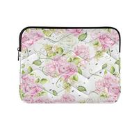 Zipper Laptop Messenger Bag, Case Sleeve Suitable for 13 in to 14 in Notebook Bag, Shoulder Strap Tablet Briefcase Print Bright Pink Roses with Green Leaves On White