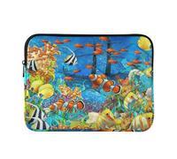Zipper Laptop Messenger Bag, Case Sleeve Suitable for 15 in to 16 in Notebook Bag, Shoulder Strap Tablet Briefcase Print Orange Clownfish Yellow Fishes Coral Reef Ship