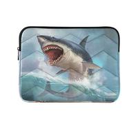 Zipper Laptop Messenger Bag, Case Sleeve Suitable for 15 in to 16 in Notebook Bag, Shoulder Strap Tablet Briefcase Print Great White Shark OpenMouth with Teeth Sea Waves